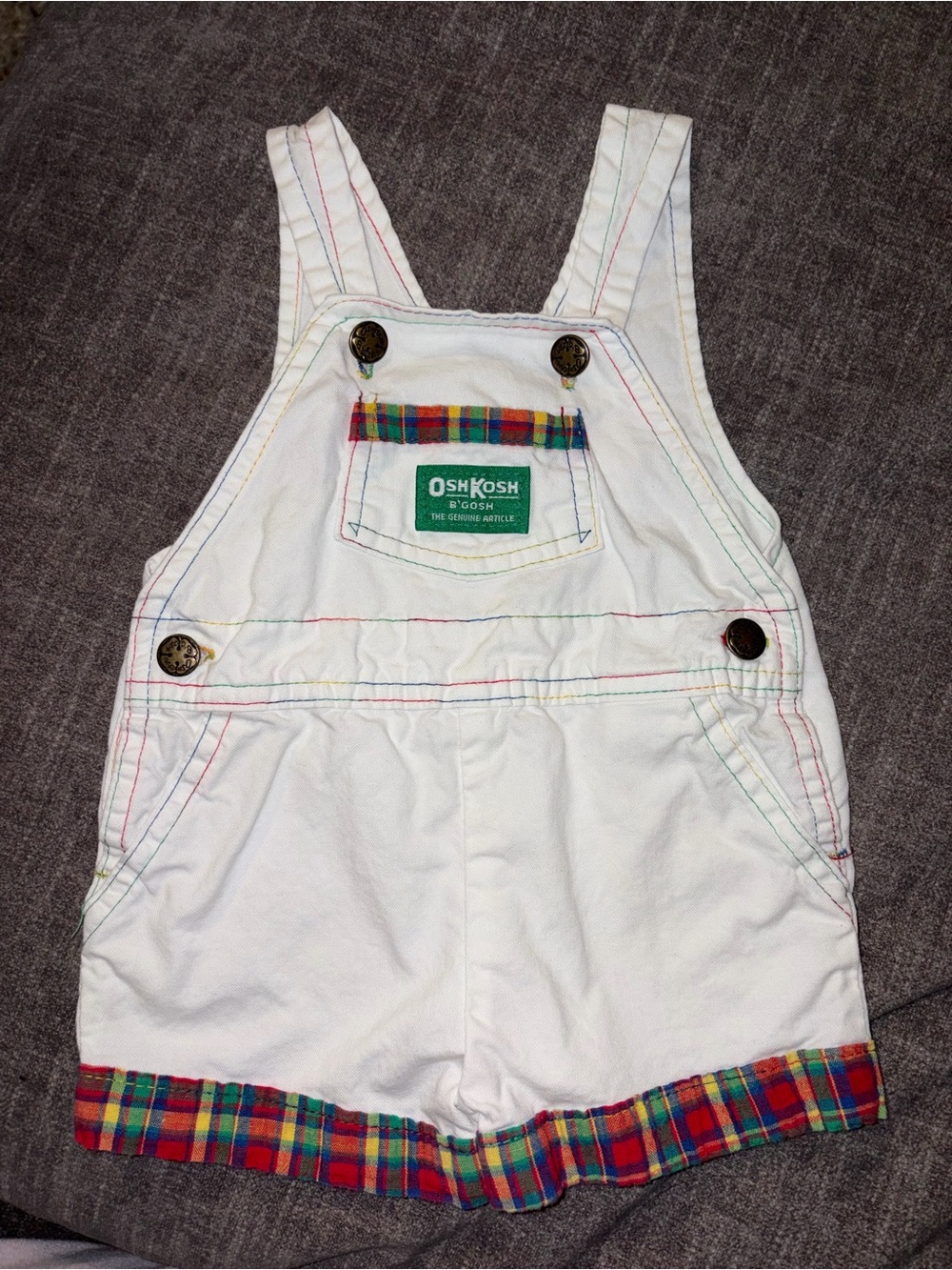 Vintage OshKosh B'gosh White Overalls with Multicolor Plaid Trim